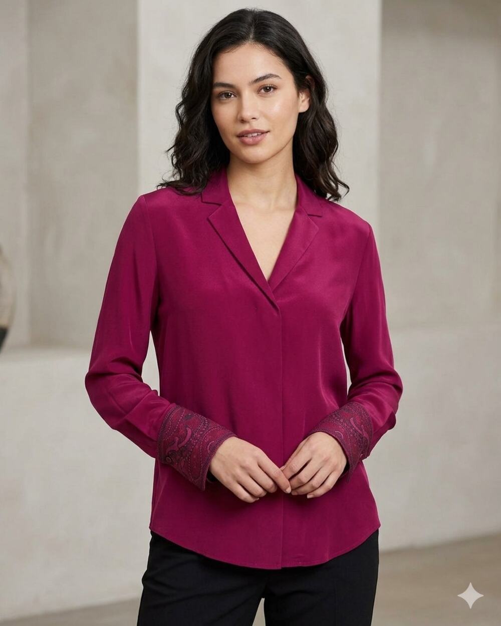 Kobi Halperin Embroidered Cuff 100% Silk Long Sleeve Blouse Burgundy Size Small